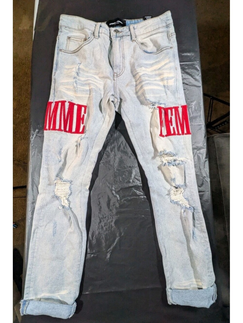HOMME FEMME LETTERMAN DENIM BLUE WITH RED LETTERS Size 30 X29